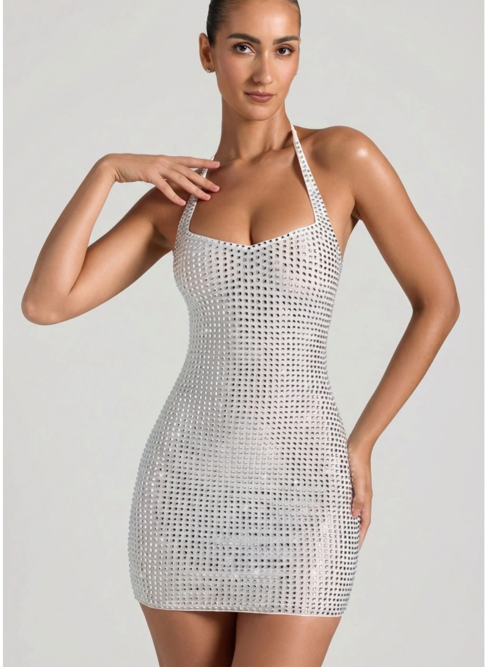 Oh Polly White Halter Rhinestone Mini Dress